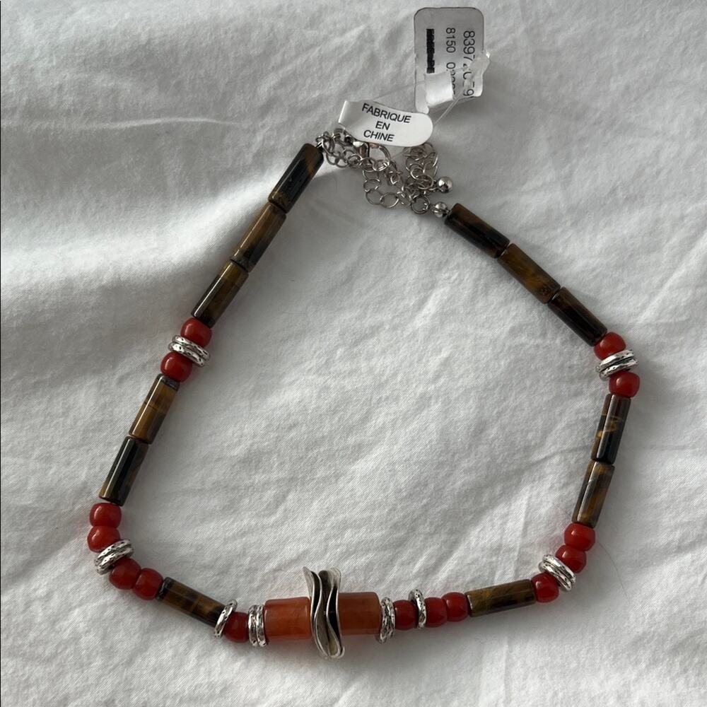 Free People Red and Brown Beaded Necklace with Silver Details
